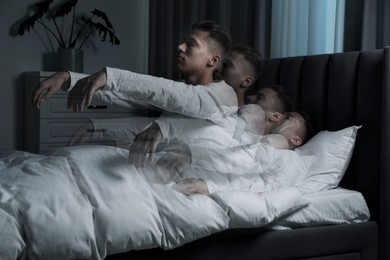 Image of Young man suffering from sleepwalking at home, multiple exposure