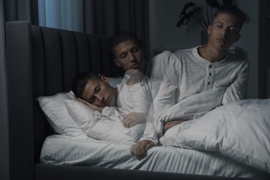 Young man suffering from sleepwalking at home, multiple exposure