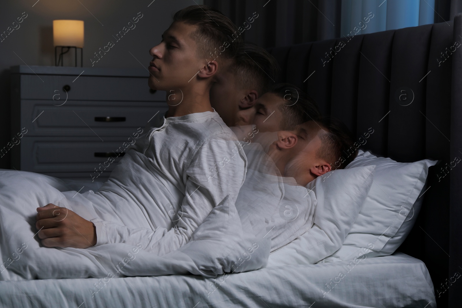 Image of Young man suffering from sleepwalking at home, multiple exposure