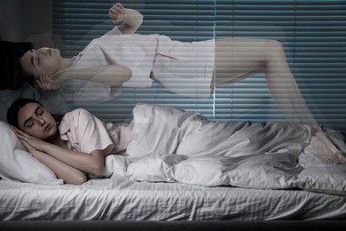 Image of Young woman suffering from sleepwalking at home, double exposure