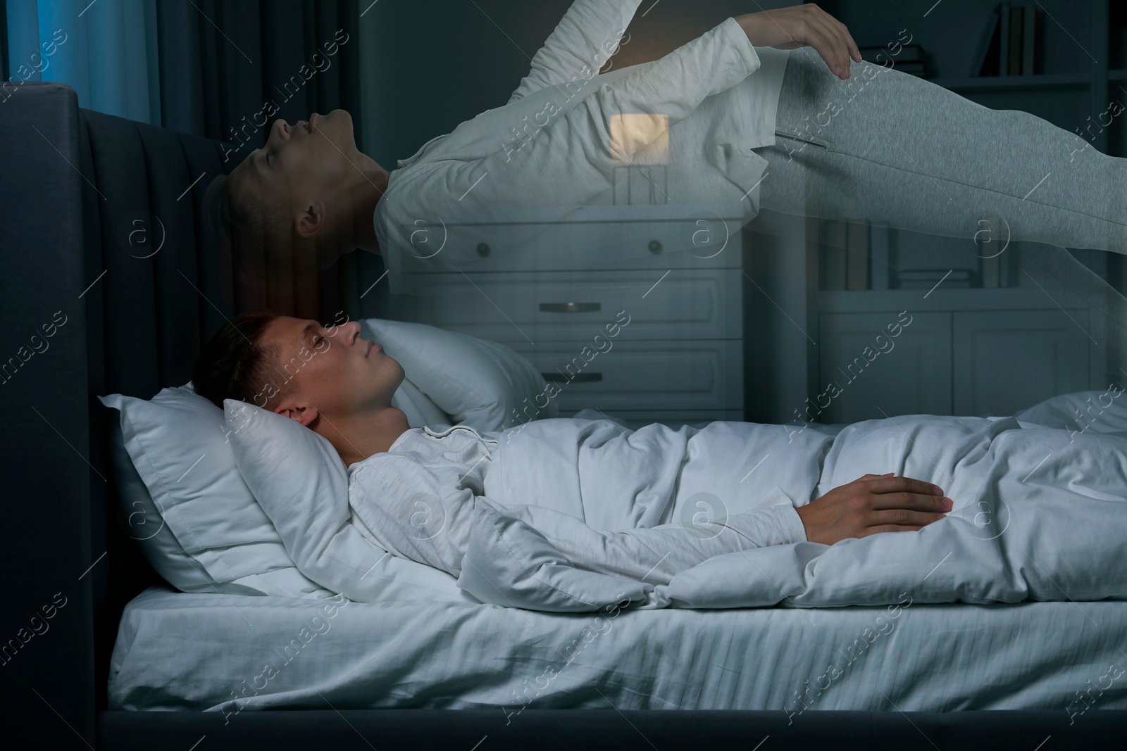 Image of Young man suffering from sleepwalking at home, double exposure