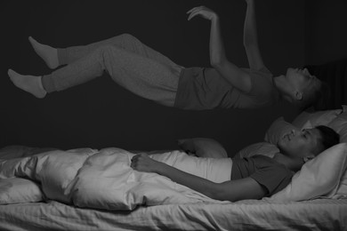 Image of Young man suffering from sleepwalking at home, double exposure. Black-and-white