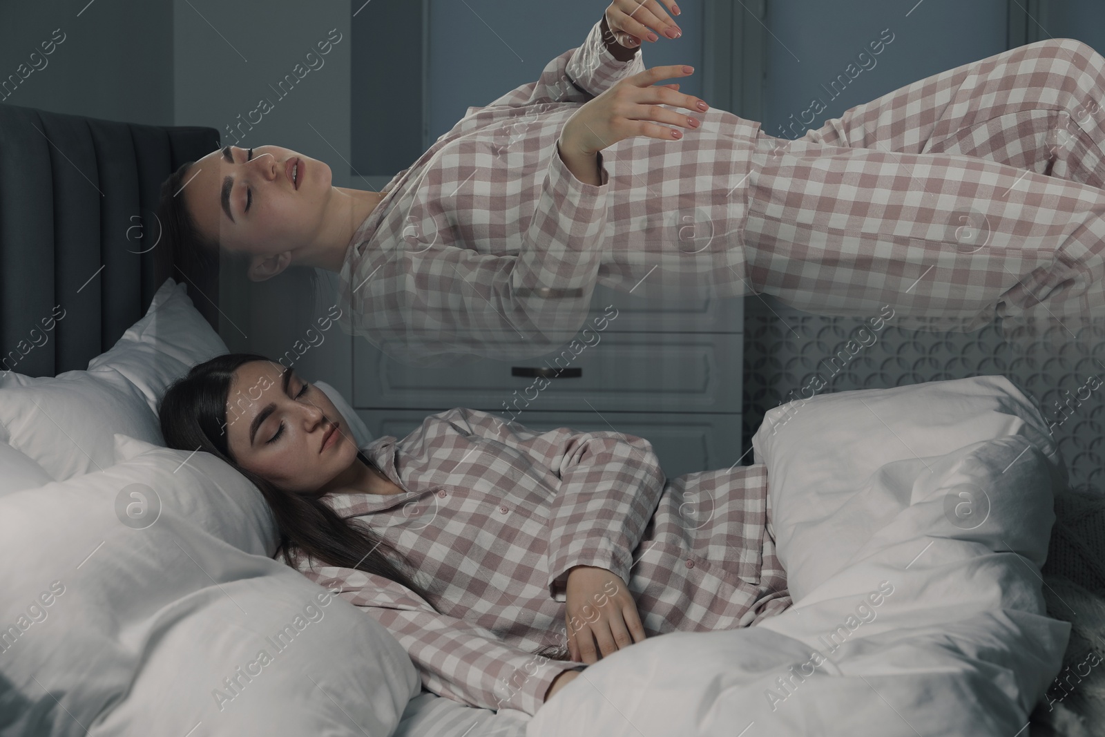 Image of Young woman suffering from sleepwalking at home, double exposure