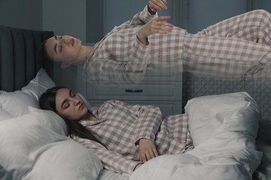 Young woman suffering from sleepwalking at home, double exposure