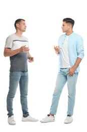 Photo of Men in casual clothes talking on white background