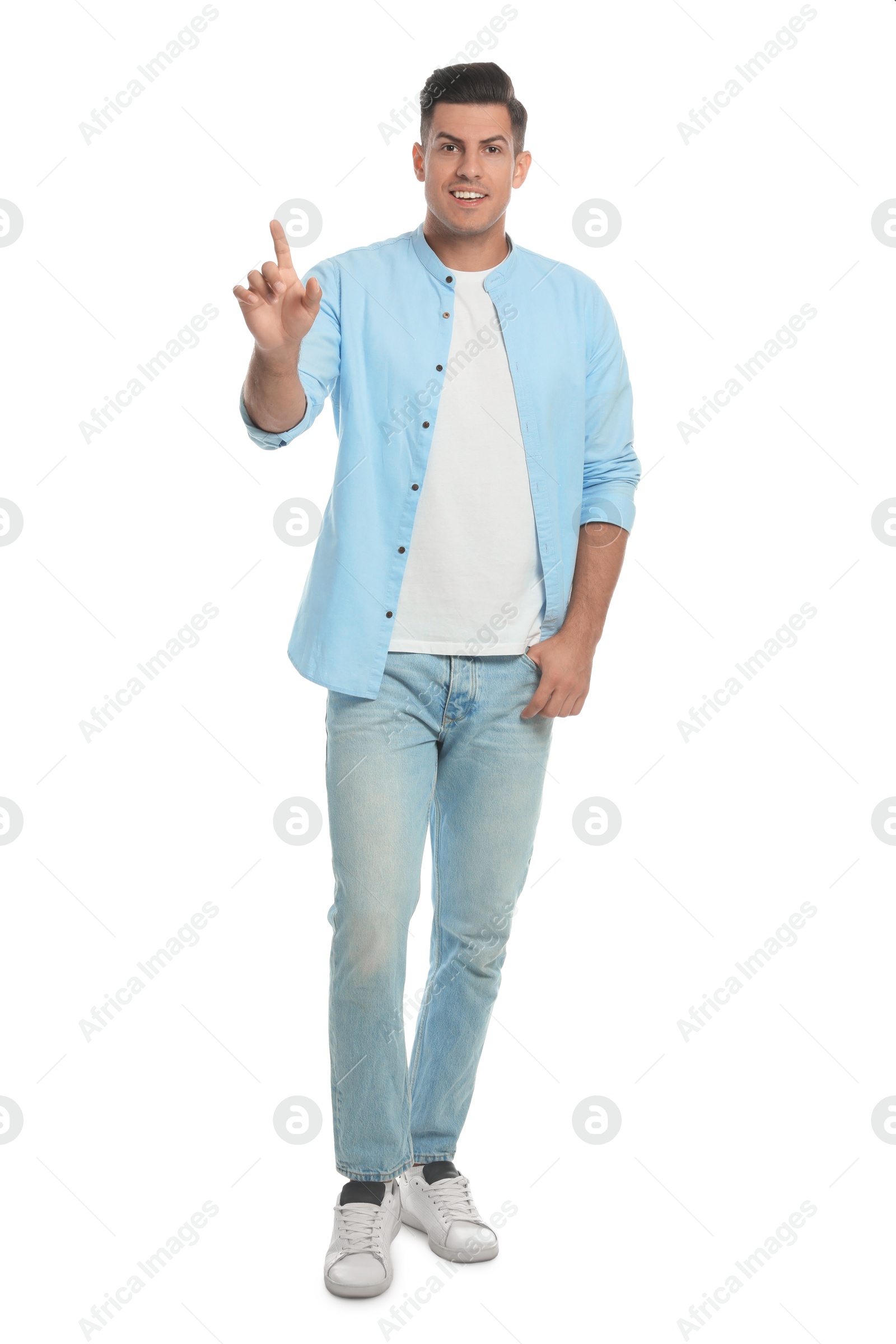 Photo of Man in casual clothes talking on white background