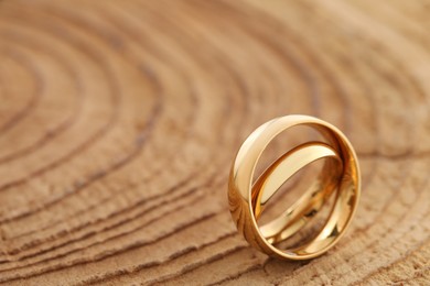 Photo of Beautiful golden wedding rings on tree stump, space for text