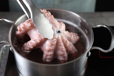 Photo of Woman taking boiled octopus from pan on stove, closeup