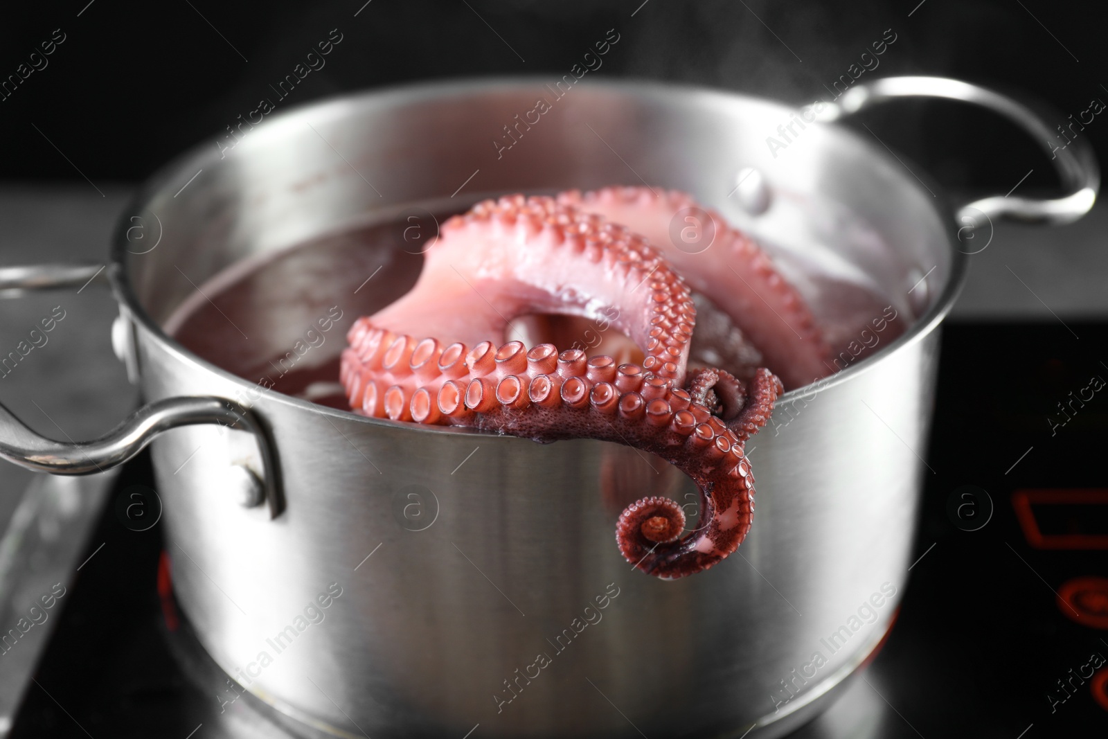 Photo of Fresh octopus boiling in pan on stove, closeup