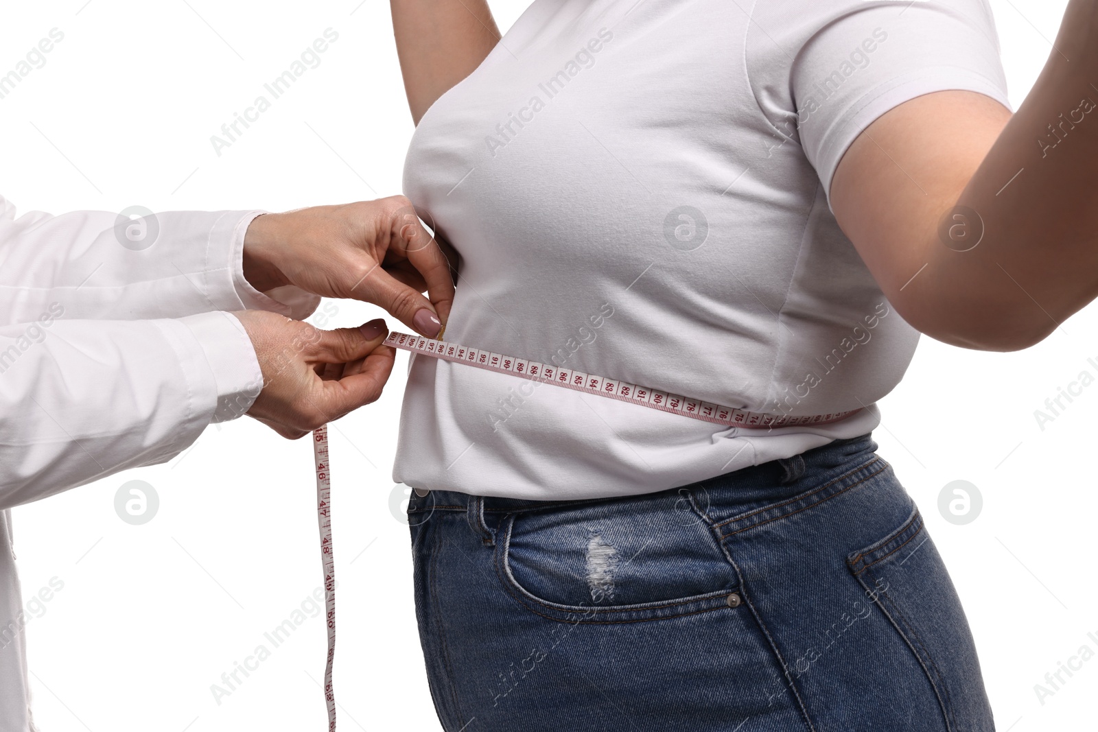 Photo of Weight loss. Nutritionist measuring patient's waist with tape on white background, closeup