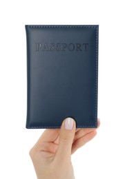 Photo of Woman holding passport in dark blue cover on white background, closeup