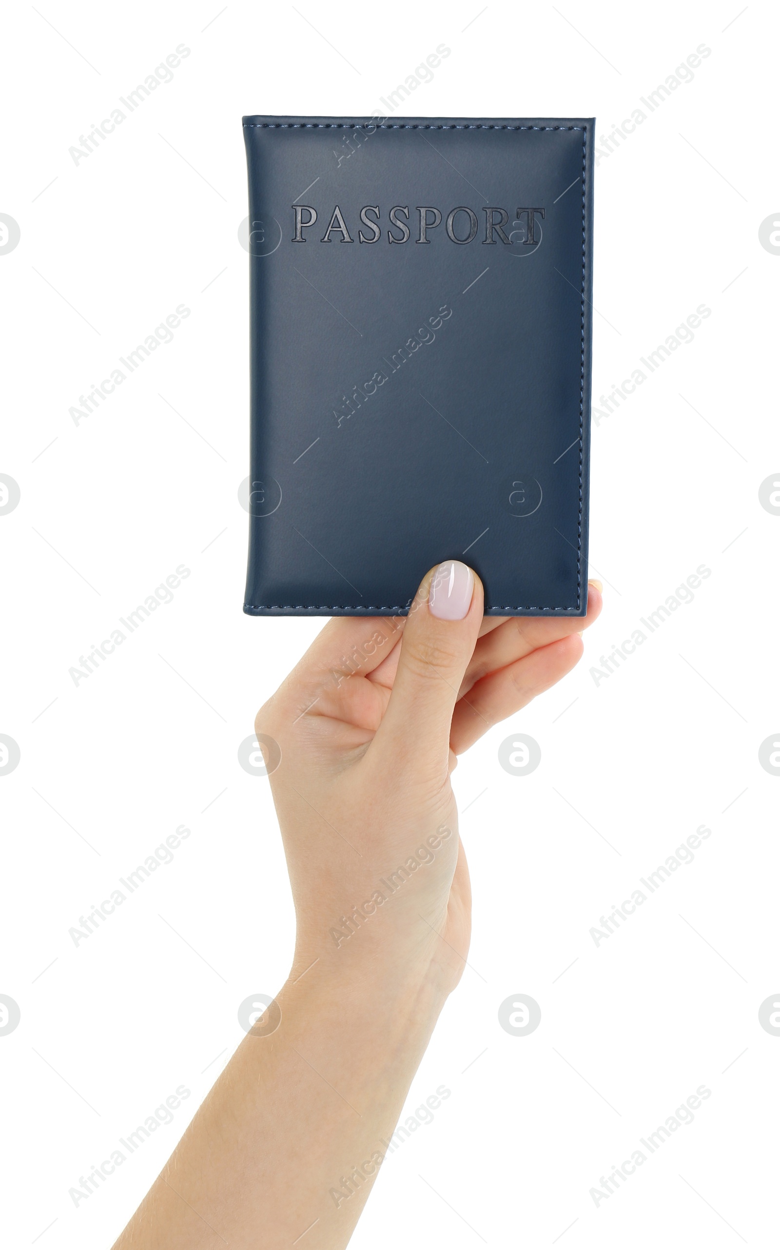 Photo of Woman holding passport in dark blue cover on white background, closeup