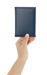 Photo of Woman holding passport in dark blue cover on white background, closeup