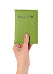 Photo of Woman holding passport in green cover on white background, closeup