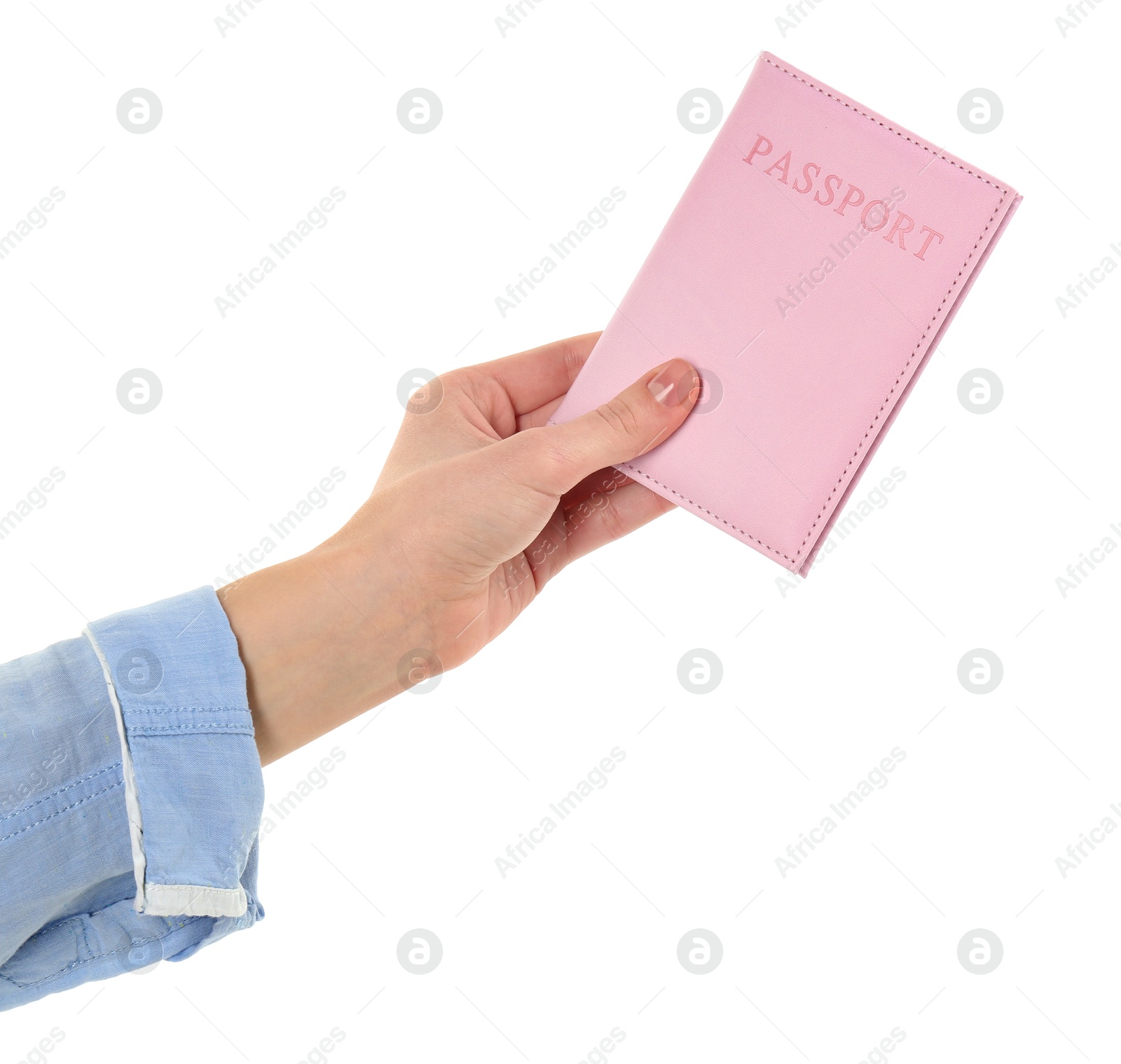 Photo of Woman holding passport in pink cover on white background, closeup