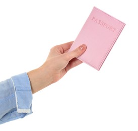 Photo of Woman holding passport in pink cover on white background, closeup