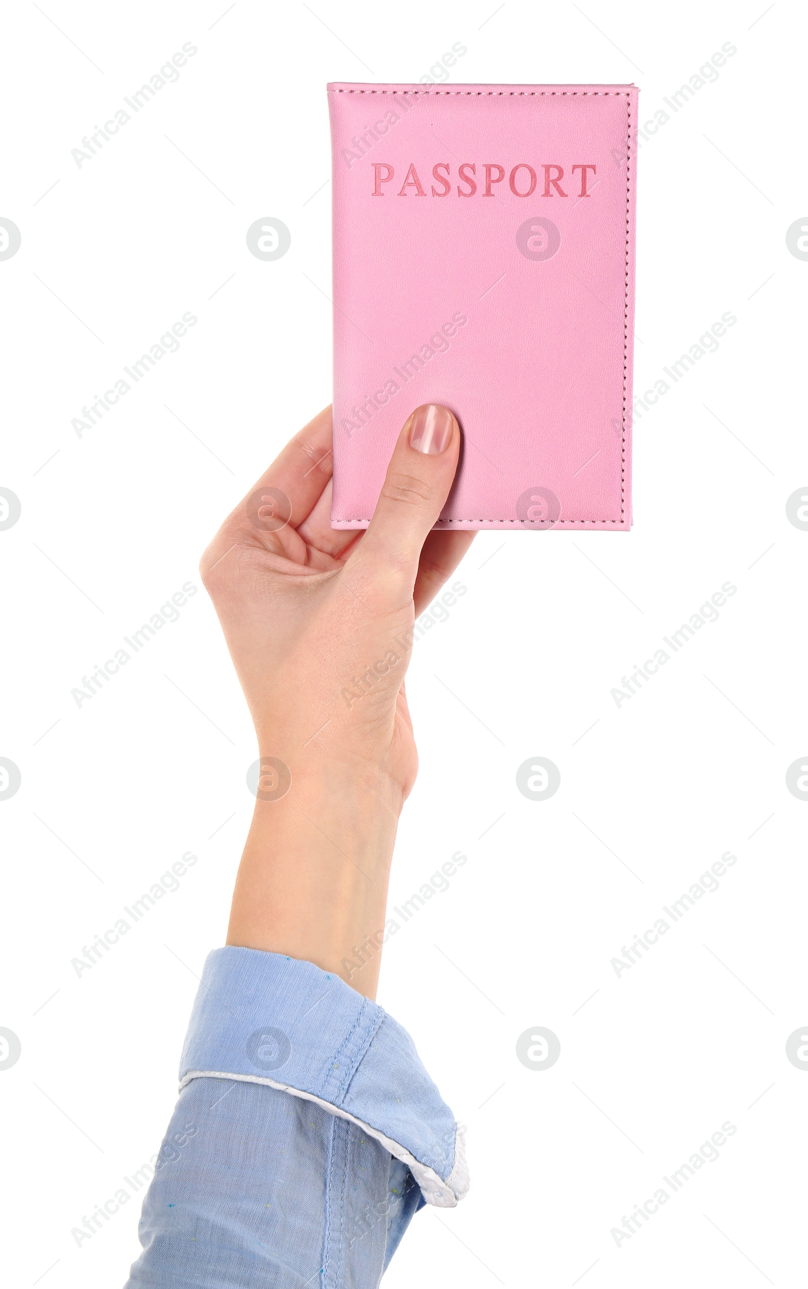 Photo of Woman holding passport in pink cover on white background, closeup