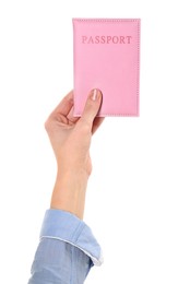 Photo of Woman holding passport in pink cover on white background, closeup