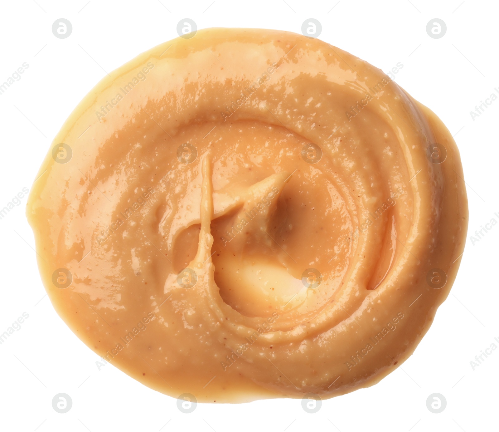 Photo of Sample of tasty nut butter isolated on white, top view