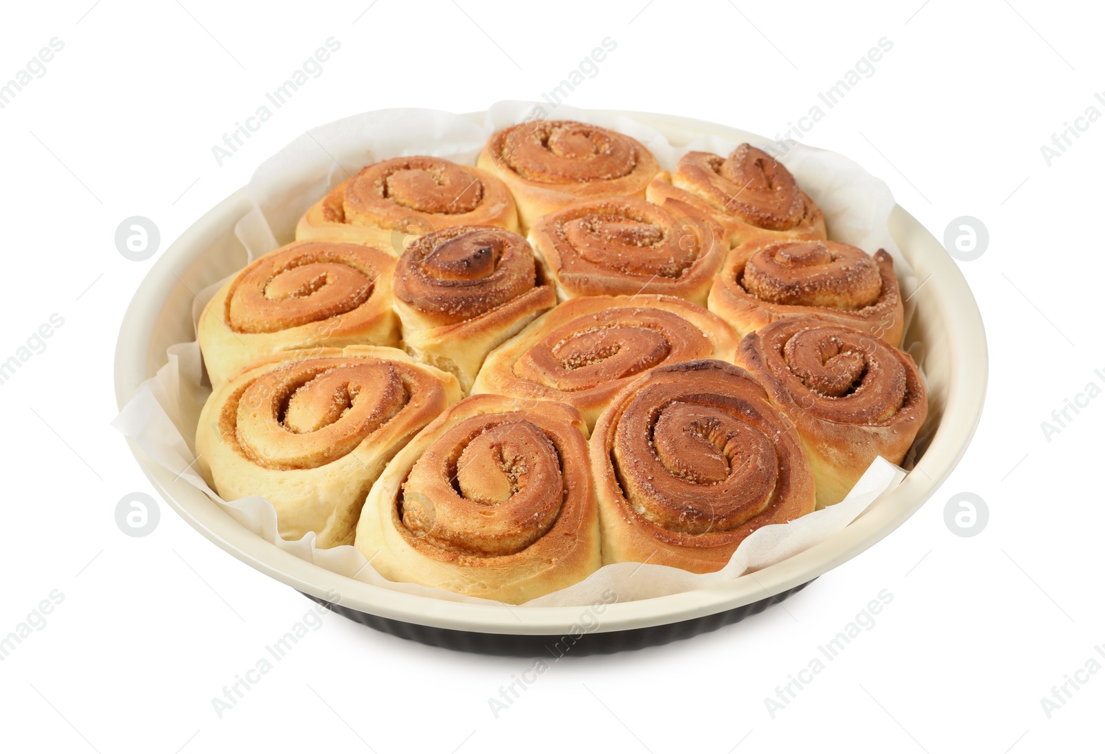 Photo of Freshly baked cinnamon rolls in baking dish isolated on white