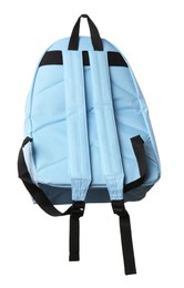 Photo of Stylish light blue backpack isolated on white