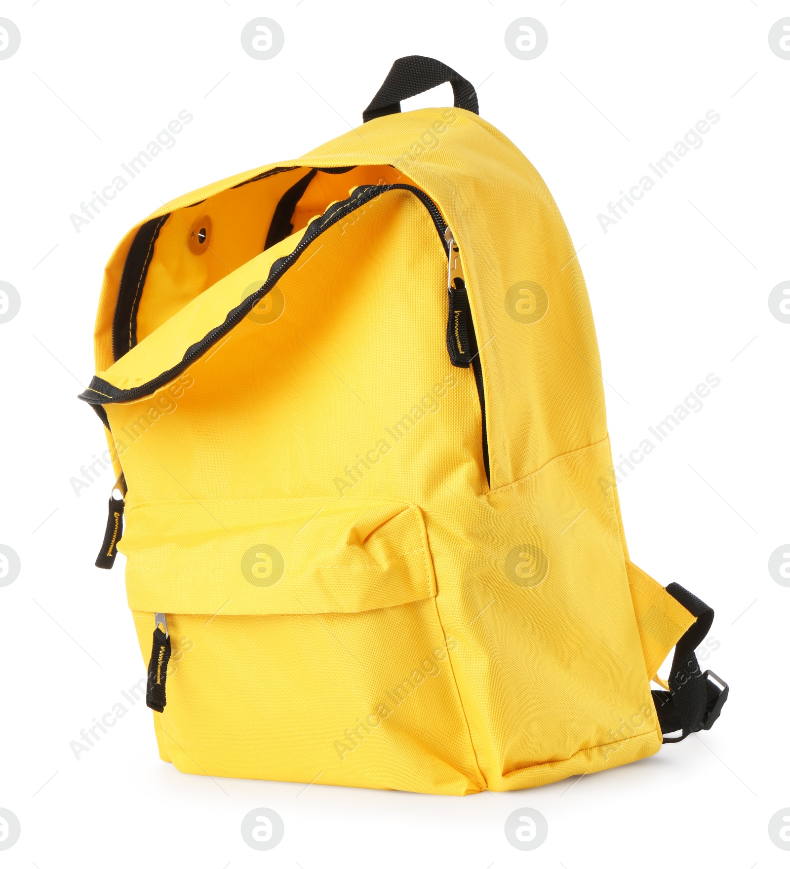 Photo of One stylish yellow backpack isolated on white