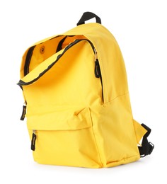 Photo of One stylish yellow backpack isolated on white