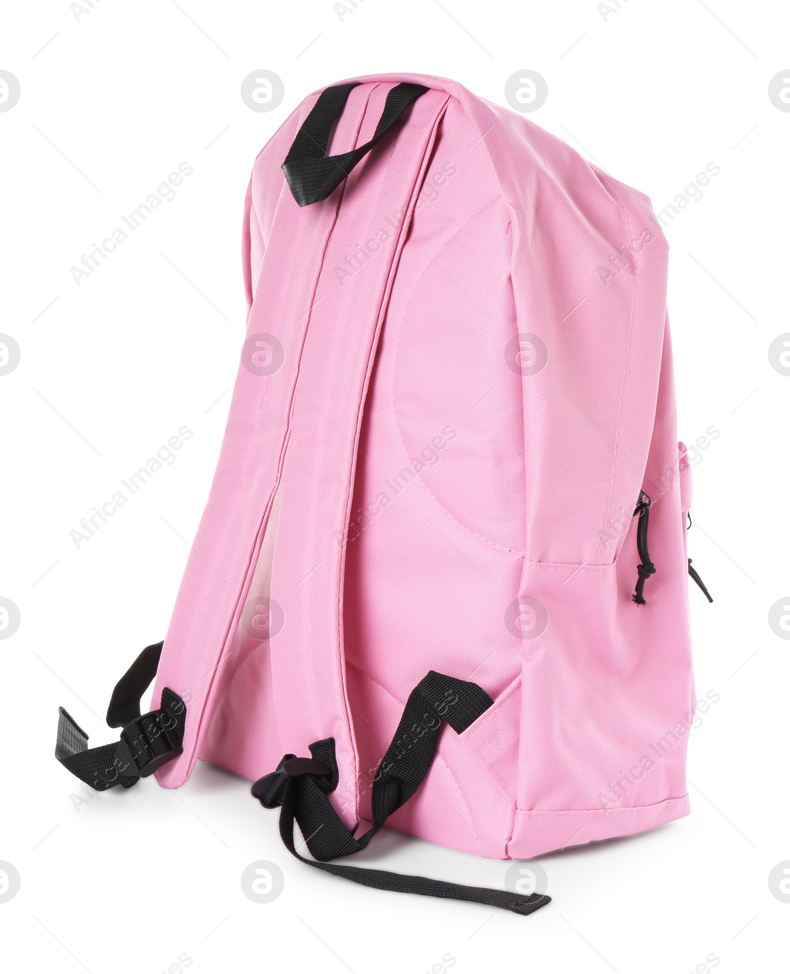 Photo of One stylish pink backpack isolated on white