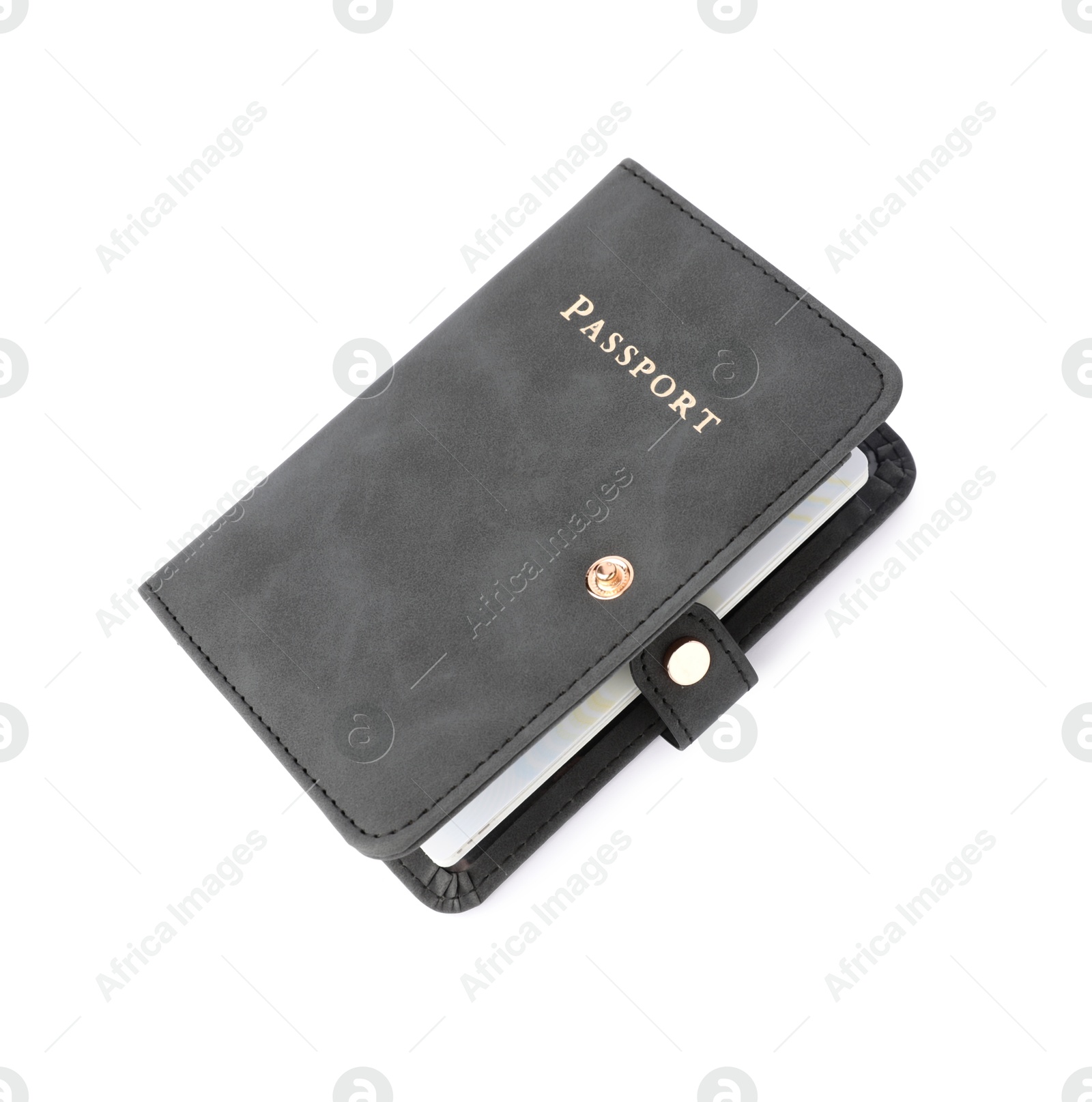 Photo of Passport in leather cover isolated on white, top view