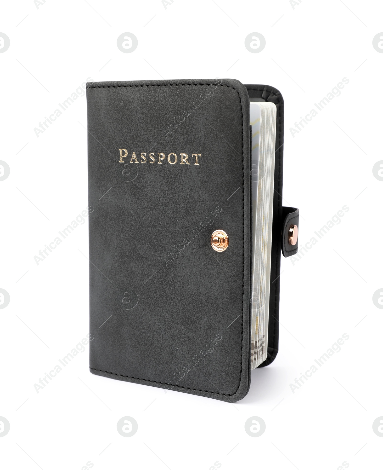 Photo of Passport in leather cover isolated on white