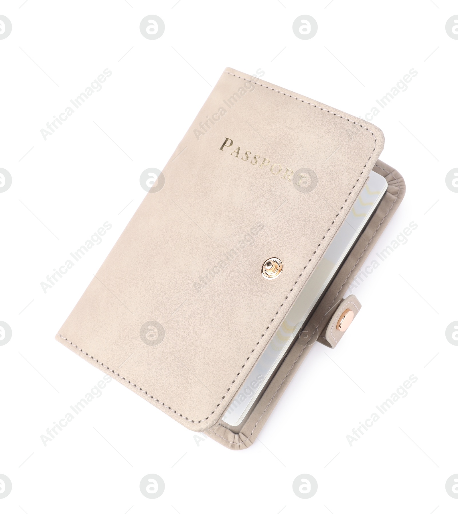 Photo of Passport in leather cover isolated on white, top view