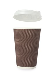 Photo of Paper cup with lid on white background. Mockup for design