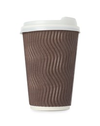 Photo of Paper cup with lid on white background. Mockup for design