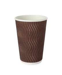 Photo of One paper cup on white background. Mockup for design