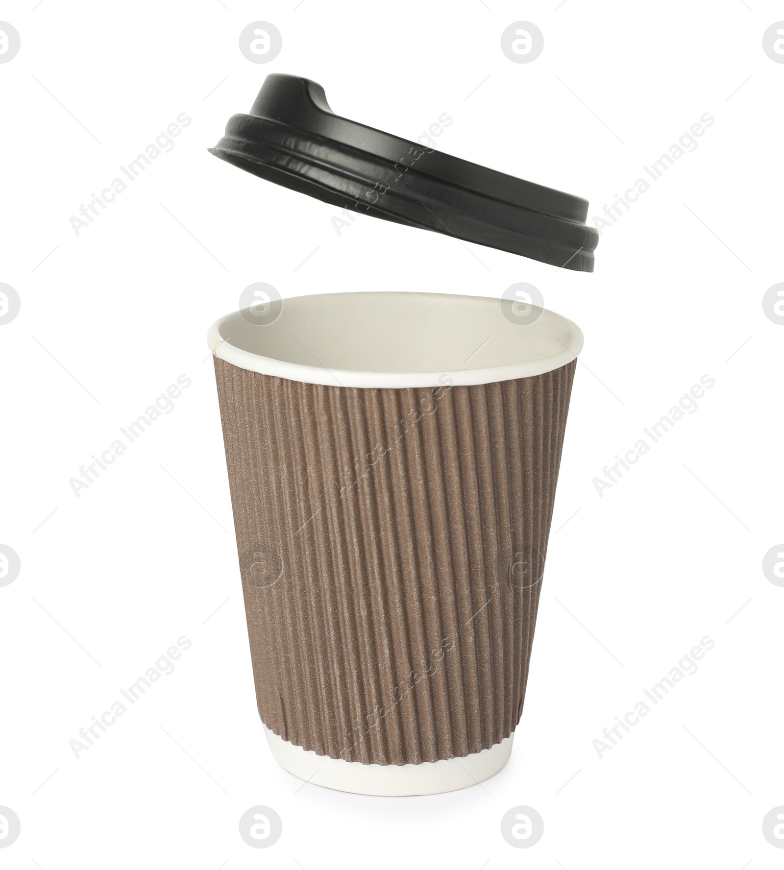 Photo of Paper cup with lid on white background. Mockup for design