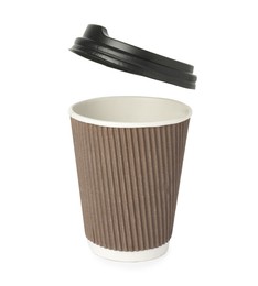 Photo of Paper cup with lid on white background. Mockup for design