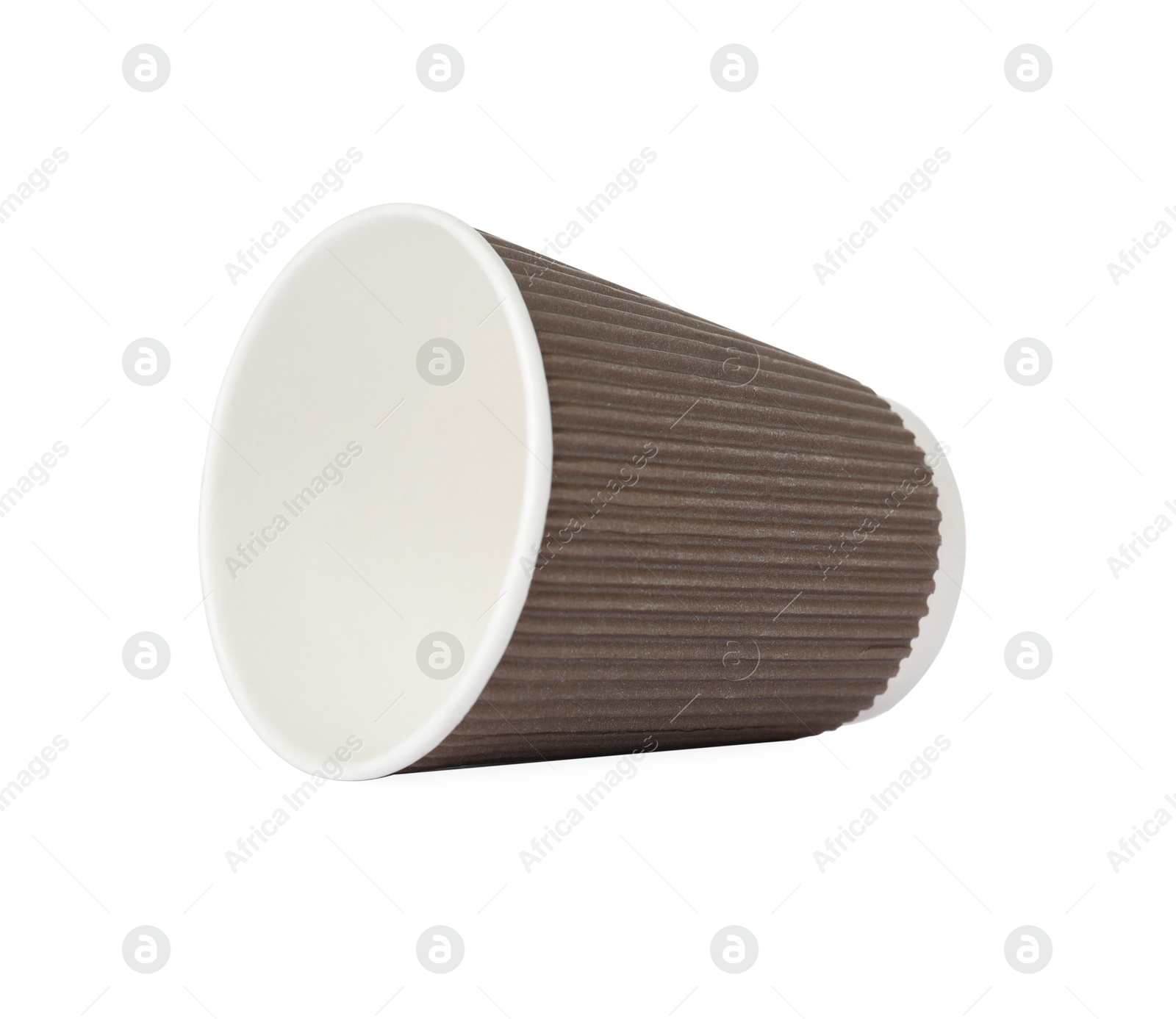 Photo of One paper cup on white background. Mockup for design