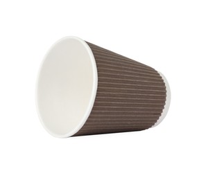 Photo of One paper cup on white background. Mockup for design