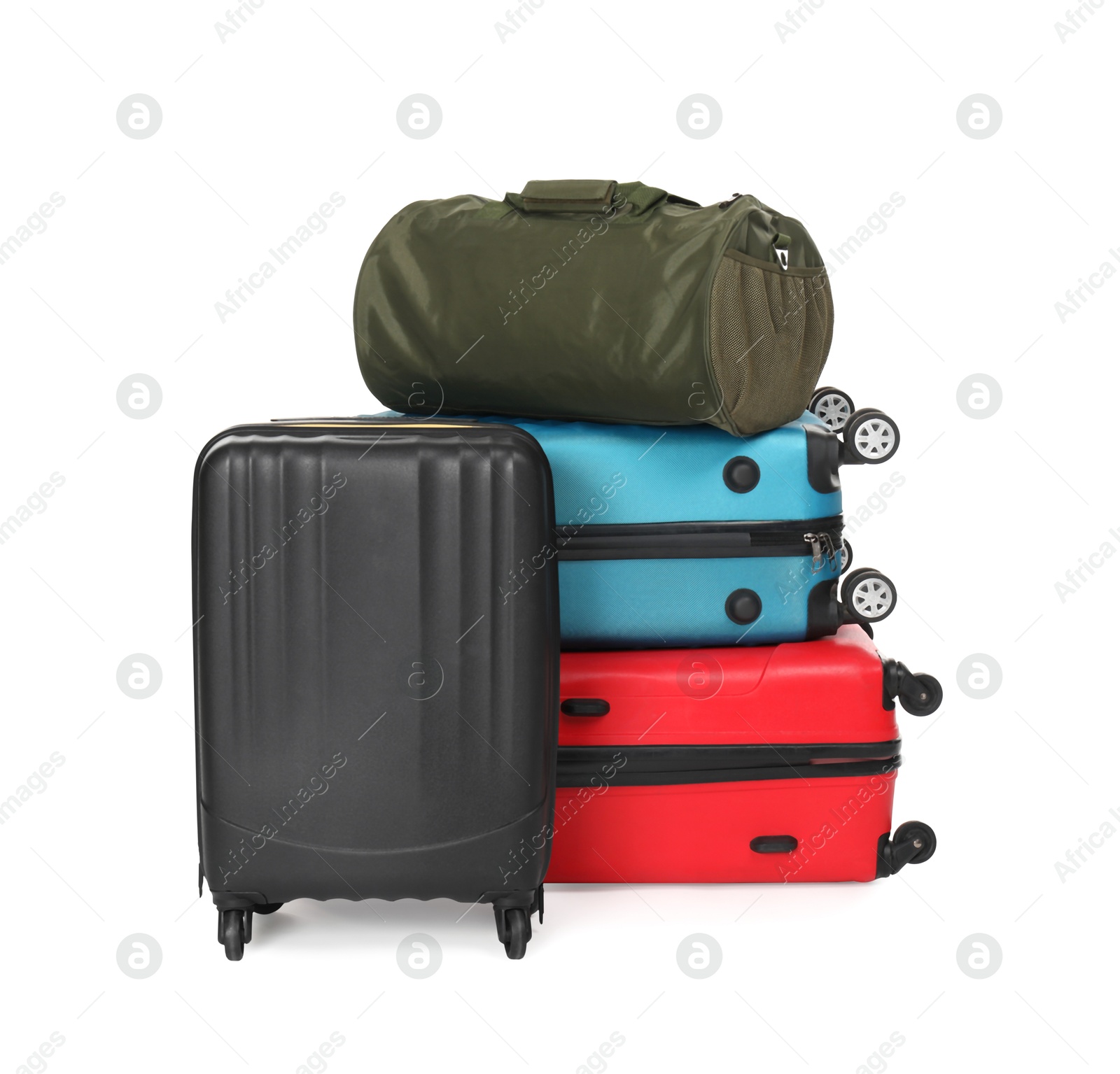 Photo of Many colorful suitcases and bag isolated on white