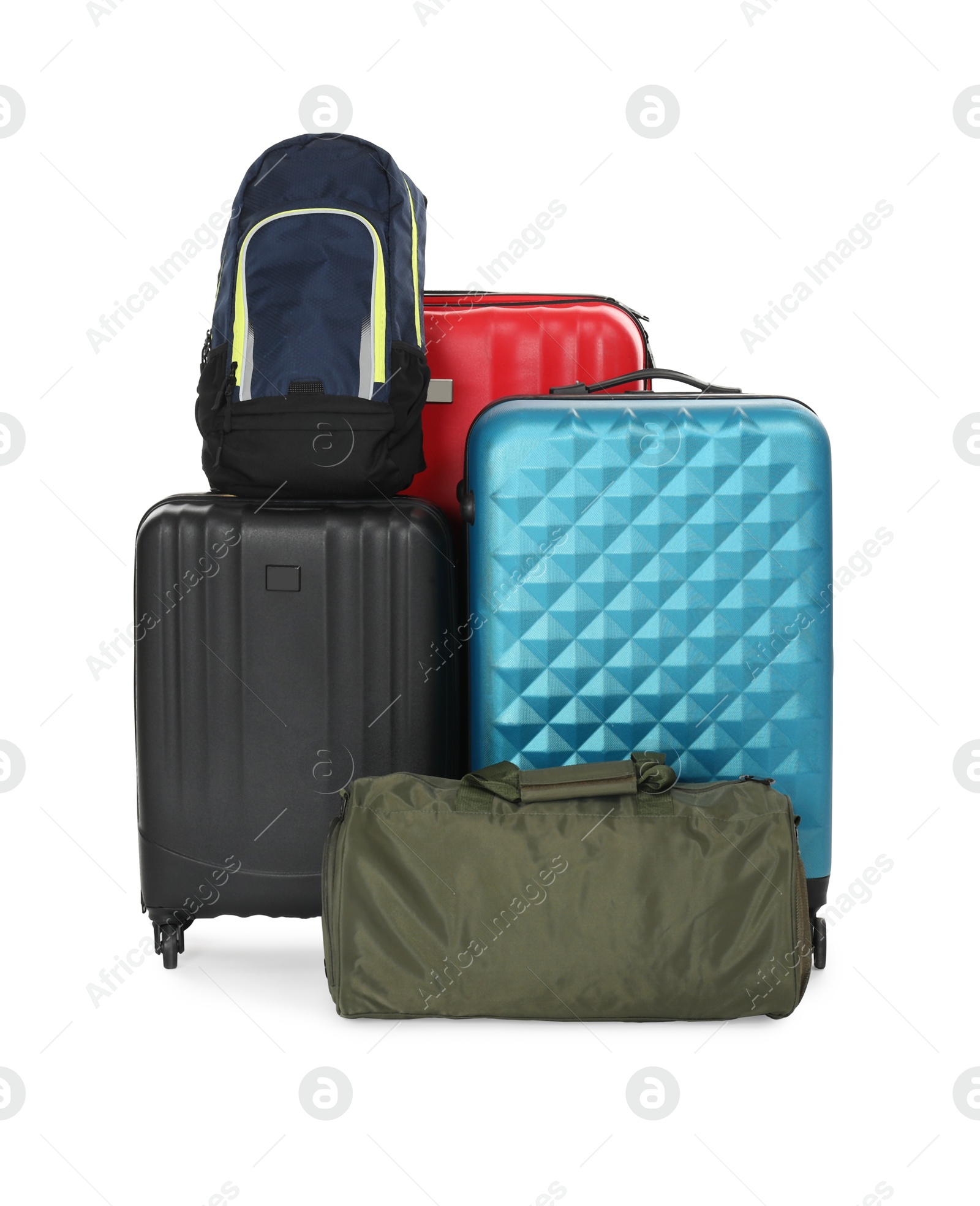 Photo of Colorful suitcases, bag and backpack isolated on white