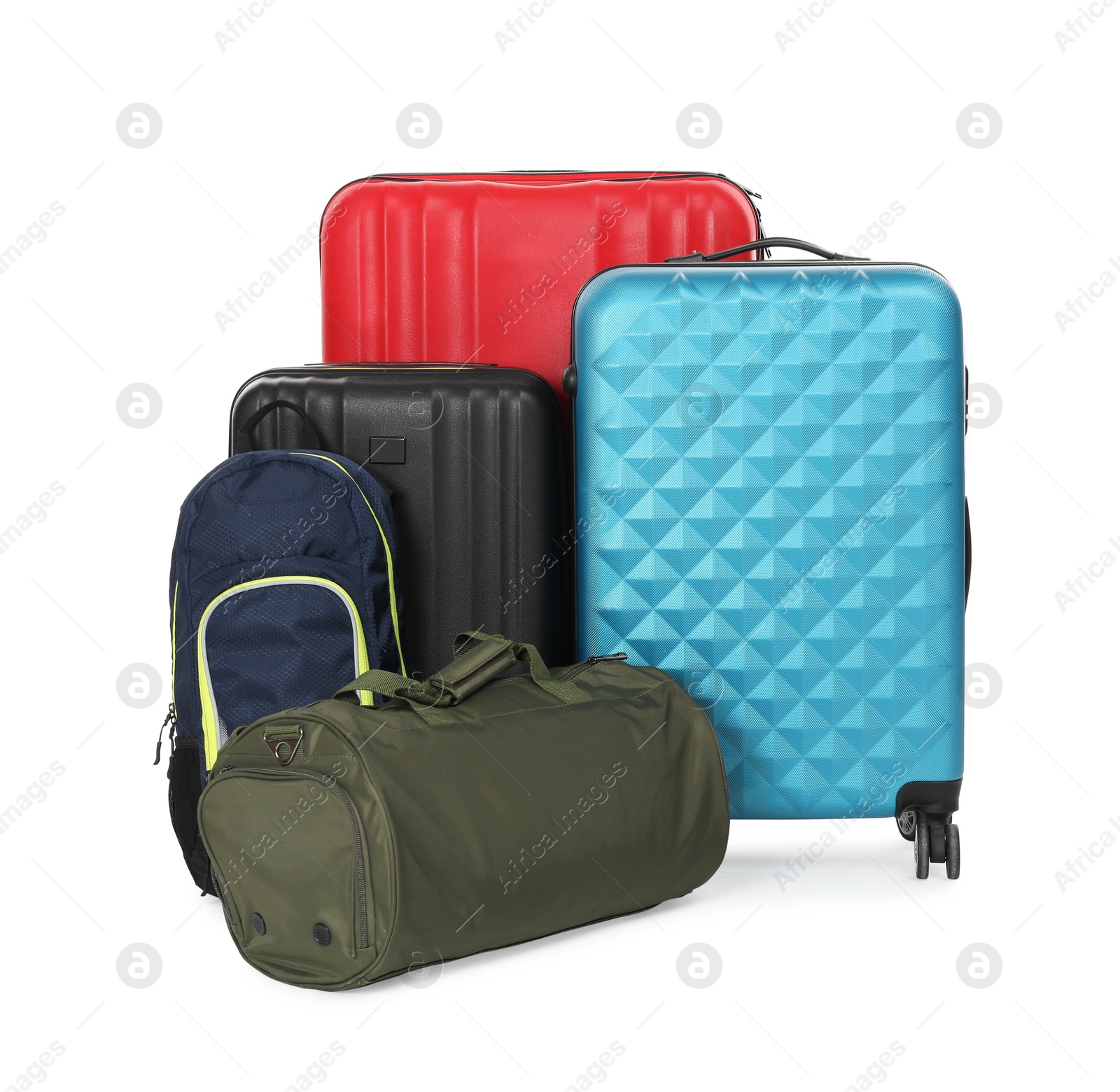 Photo of Colorful suitcases, bag and backpack isolated on white