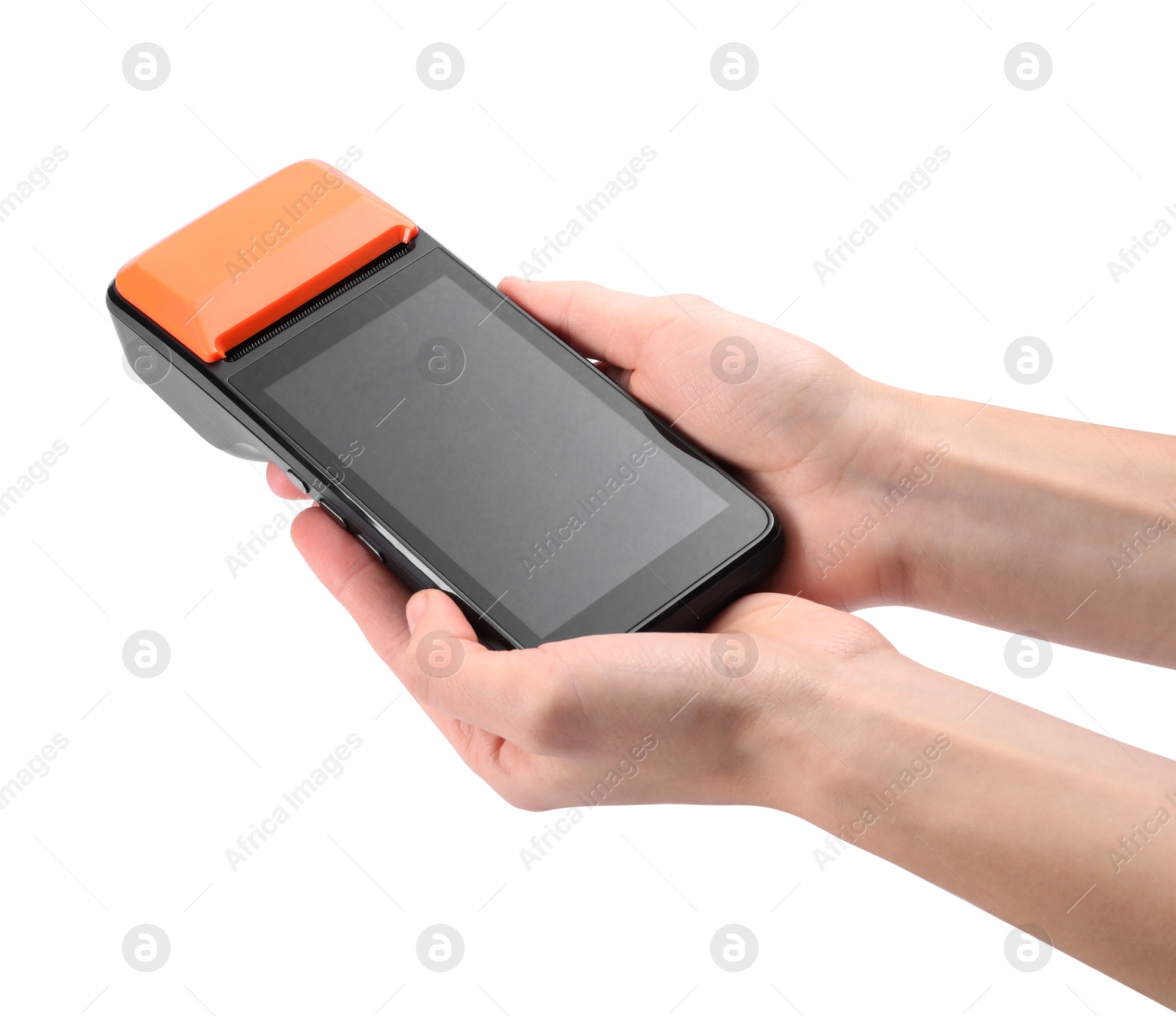 Photo of Woman with payment terminal on white background, closeup