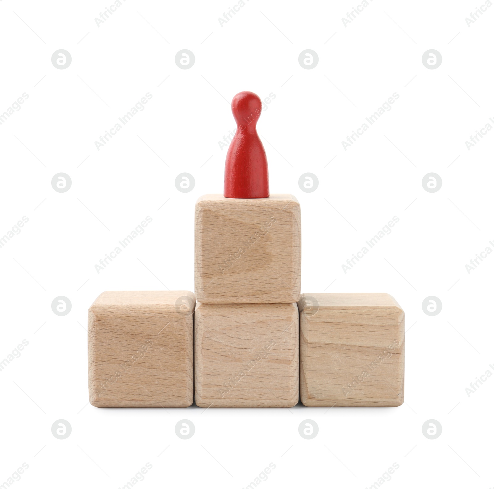 Photo of Red human figure on wooden blocks against white background. Competition concept