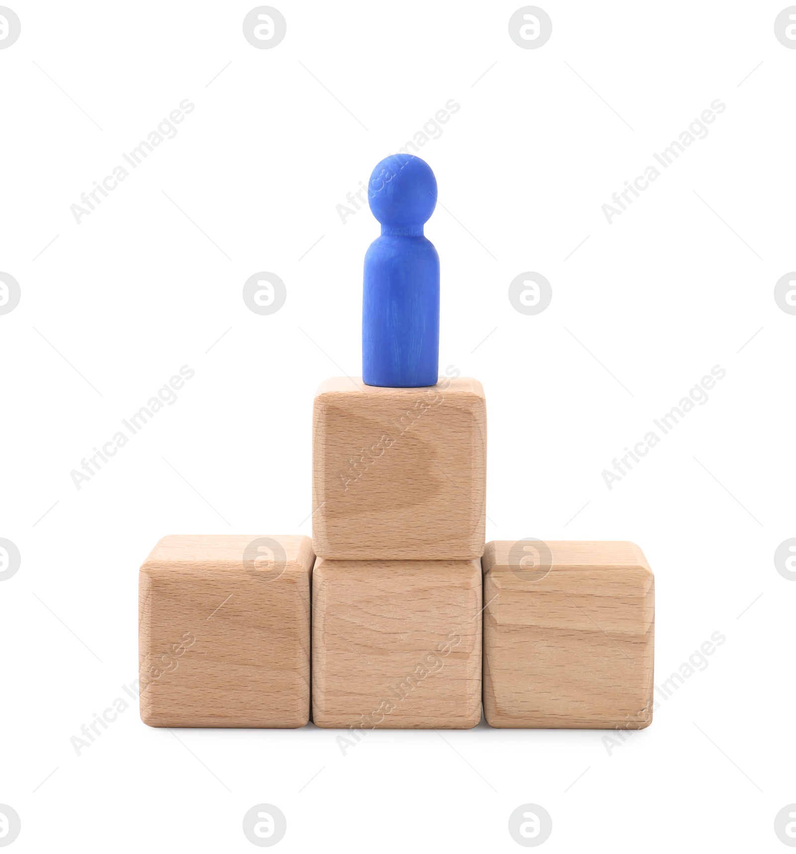 Photo of Blue human figure on wooden blocks against white background. Competition concept