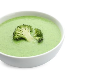 Delicious broccoli cream soup in bowl isolated on white