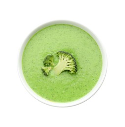 Photo of Delicious broccoli cream soup in bowl isolated on white, top view