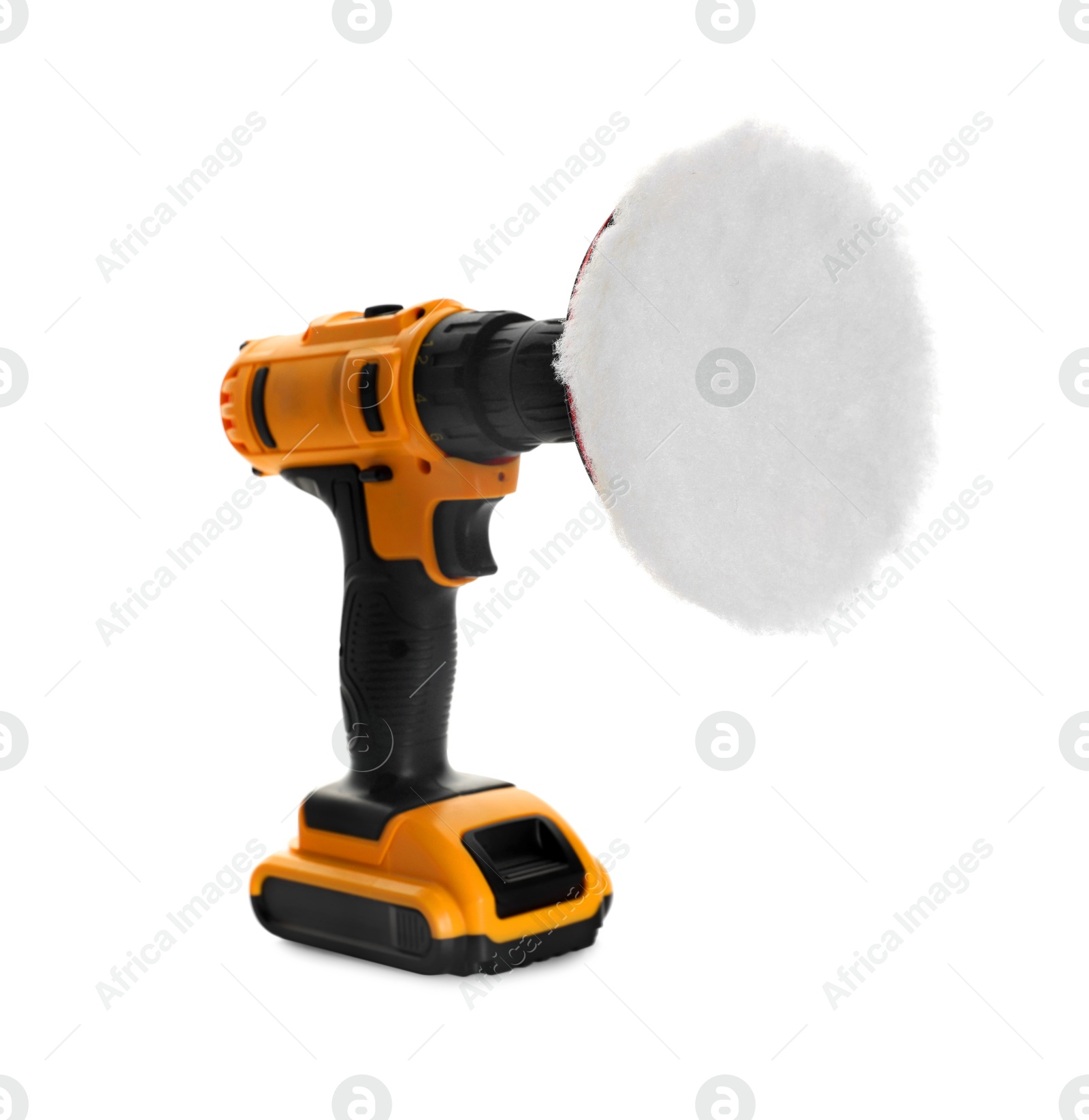 Photo of Electric screwdriver with polish pad isolated on white