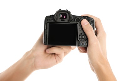 Photo of Photographer with professional camera on white background, closeup