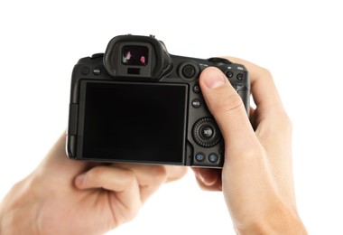 Photo of Photographer with professional camera on white background, closeup