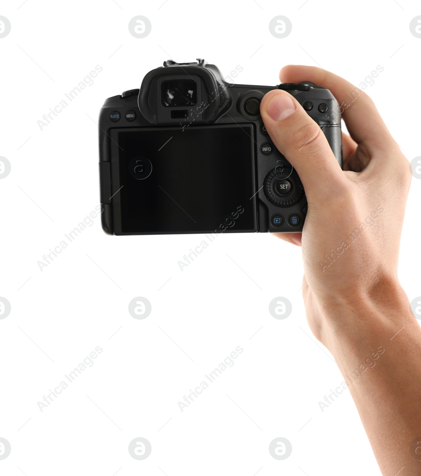 Photo of Photographer with professional camera on white background, closeup